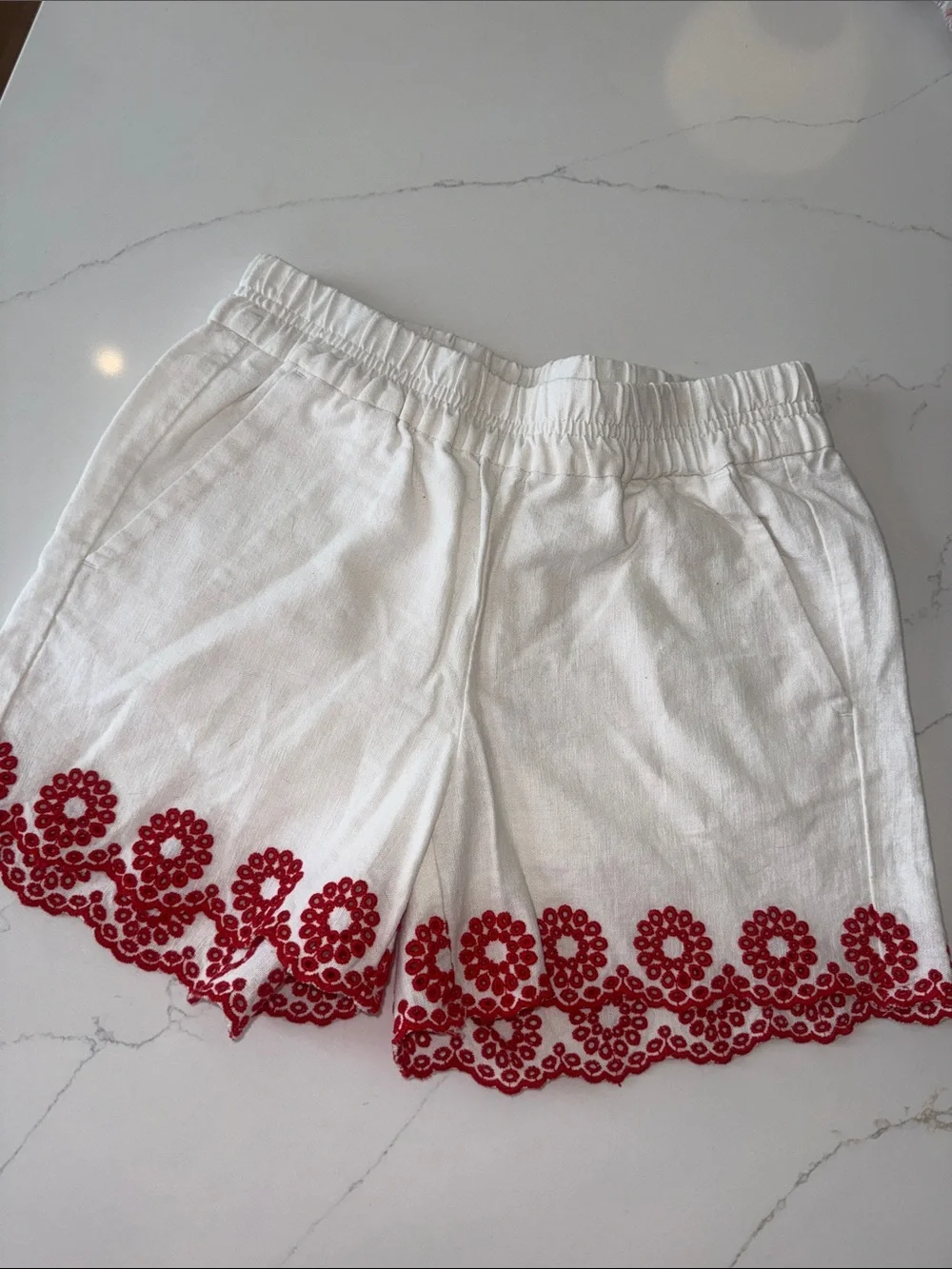J. Crew White Linen-Blend Shorts with Red Eyelet Trim